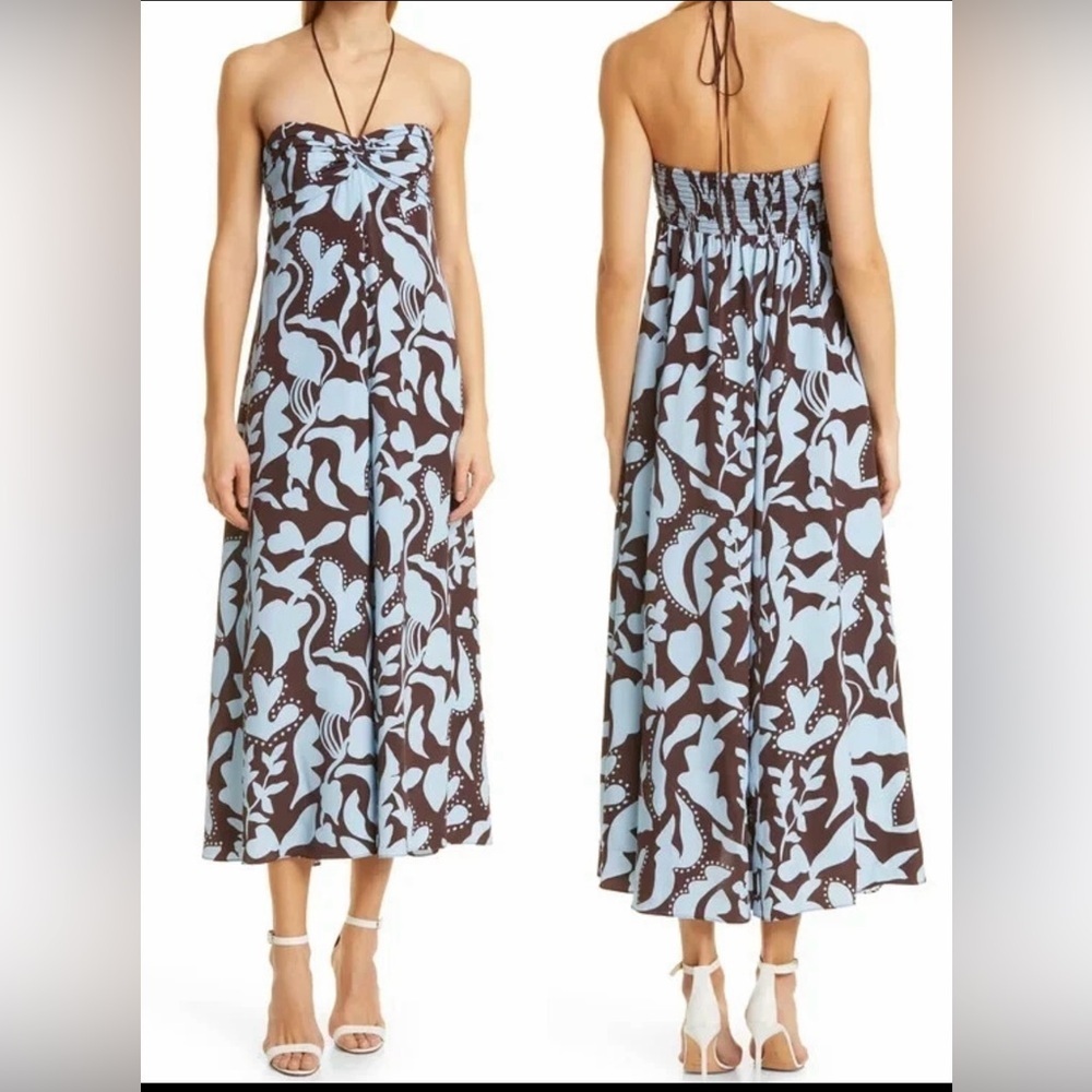 NEW LA LIGNE Floral Halter Neck Silk Midi Summer Dress Size L - Picture 2 of 9
